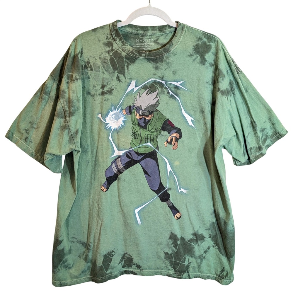 Naruto Shippuden Kakashi Graphic T-Shirt XL Green Tie Dye Anime Streetwear Tee
